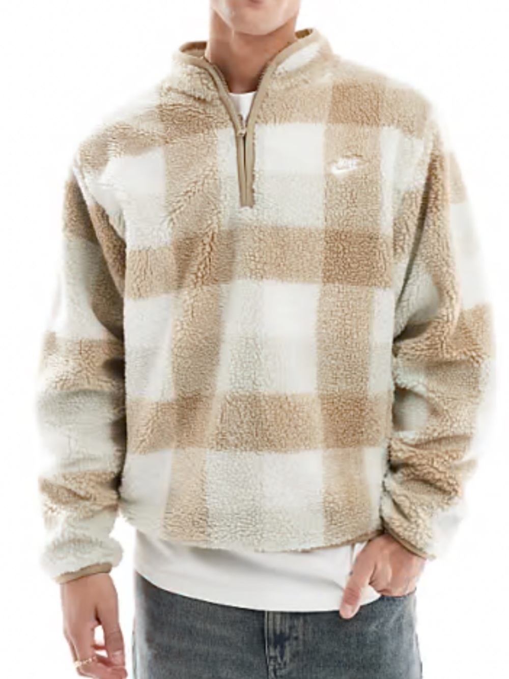 Nike Men’s Beige & Cream checkered Sherpa Half-Zip Pullover fleece jacket